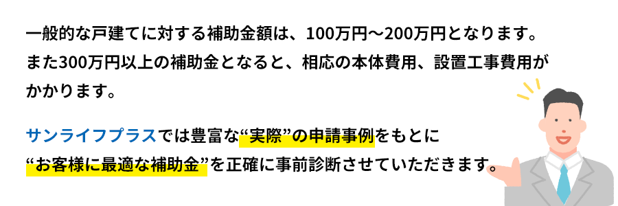 一般的な戸建てに対する補助金額は、100万円～200万円となります。また300万円以上の補助金となると、相応の本体費用、設置工事費用がかかります。サンライフプラスでは豊富な“実際”の申請事例をもとに“お客様に最適な補助金”を正確に事前診断させていただきます。